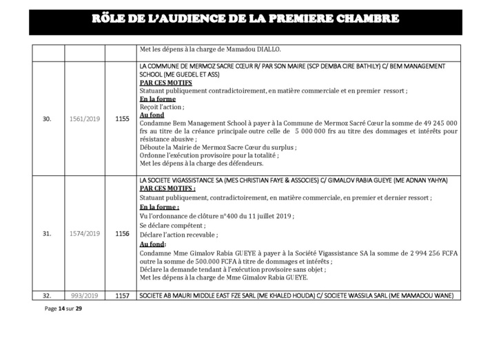 Tribunal du Commerce: Délibérés des Audiences du mercredi 31 juillet 2019