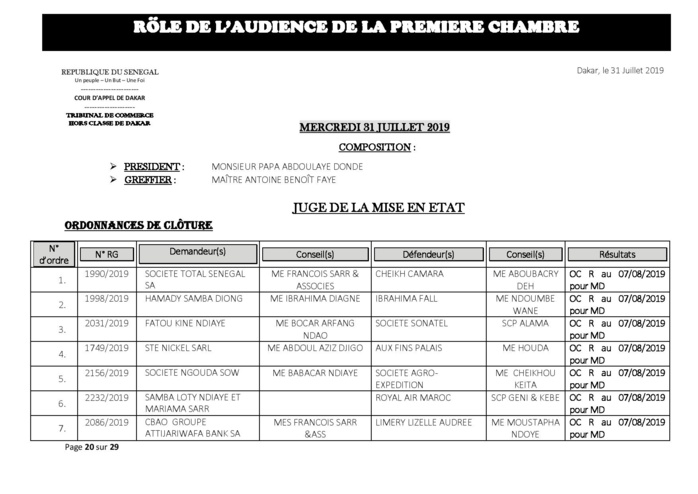 Tribunal du Commerce: Délibérés des Audiences du mercredi 31 juillet 2019