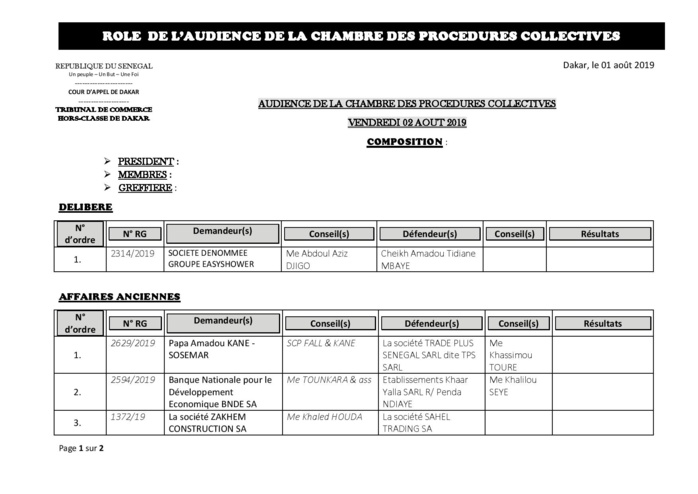 Tribunal du Commerce: Audiences de la Chambre des Procédures Collectives de ce vendredi 2 août