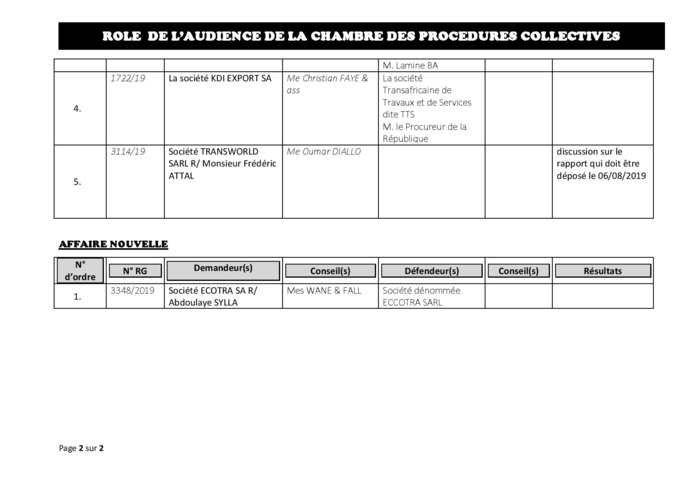 Tribunal du Commerce: Audiences de la Chambre des Procédures Collectives de ce vendredi 2 août