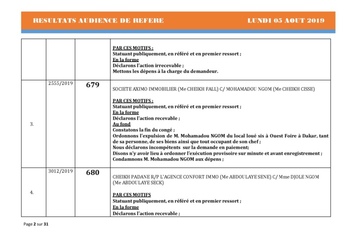 Tribunal du Commerce: Délibérés des Audiences du lundi 5 août 2019