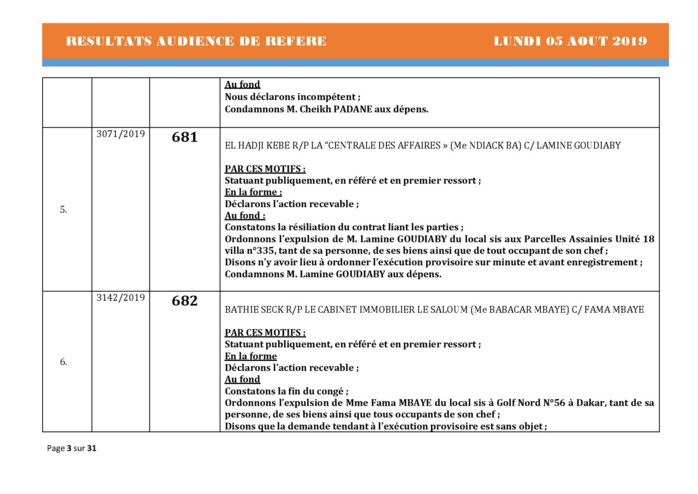 Tribunal du Commerce: Délibérés des Audiences du lundi 5 août 2019