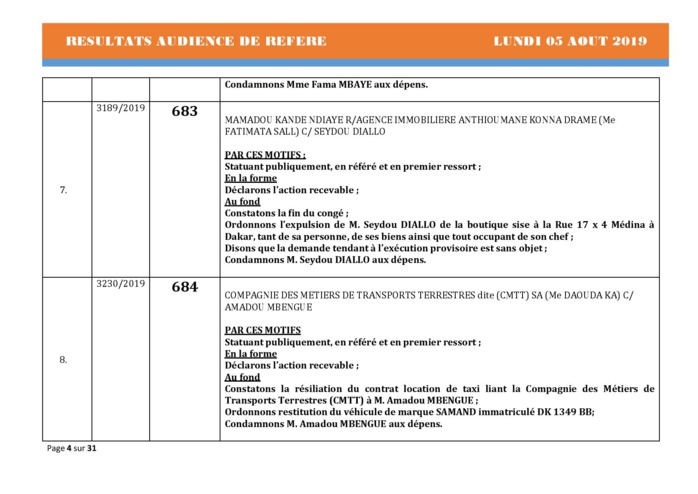 Tribunal du Commerce: Délibérés des Audiences du lundi 5 août 2019