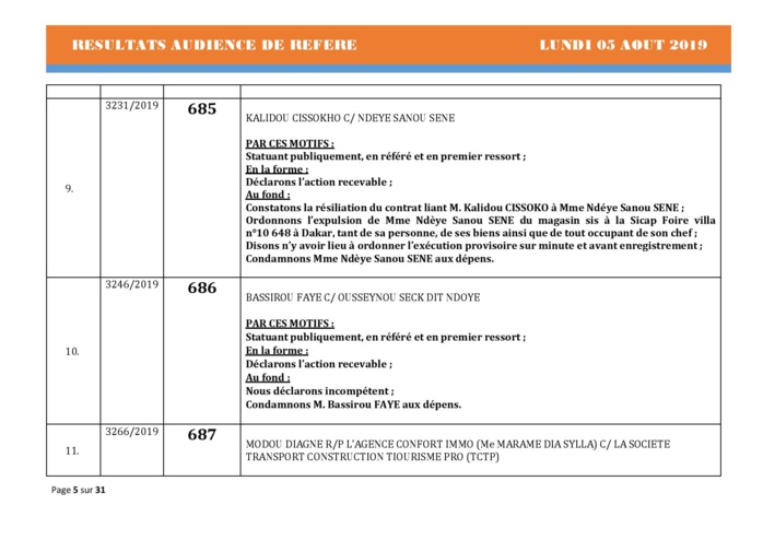 Tribunal du Commerce: Délibérés des Audiences du lundi 5 août 2019