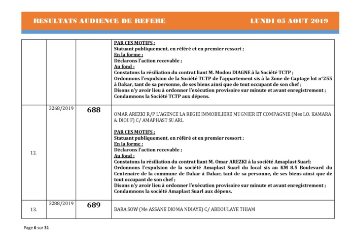 Tribunal du Commerce: Délibérés des Audiences du lundi 5 août 2019