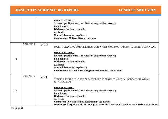 Tribunal du Commerce: Délibérés des Audiences du lundi 5 août 2019