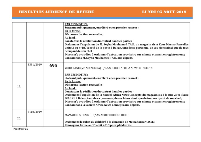 Tribunal du Commerce: Délibérés des Audiences du lundi 5 août 2019