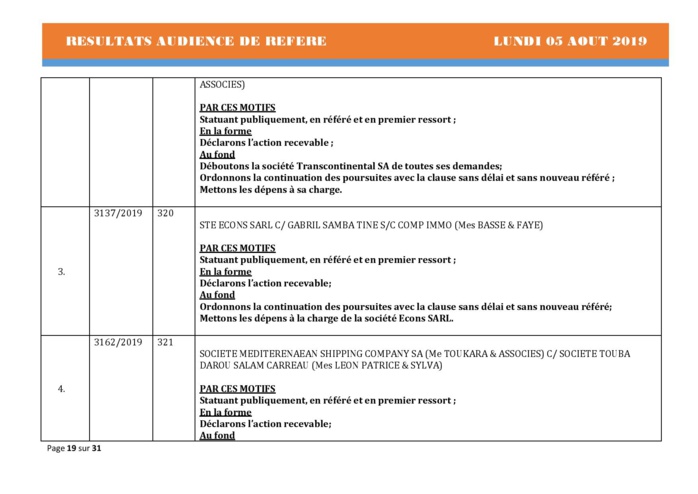 Tribunal du Commerce: Délibérés des Audiences du lundi 5 août 2019