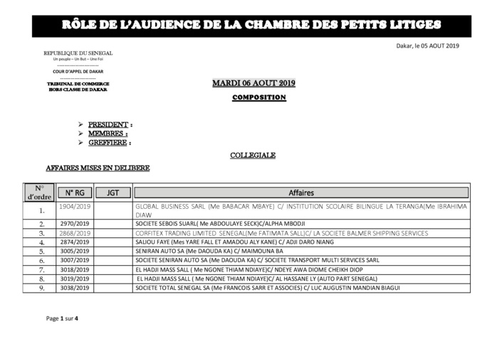 Tribunal du Commerce: Audiences de la Chambre des Petits Litiges de ce mardi 6 août 