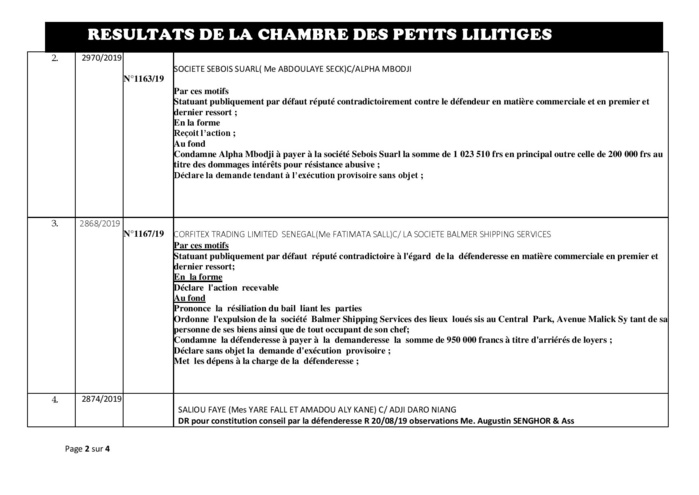 Tribunal du Commerce: Délibérés des Audiences du mardi 6 août 2019