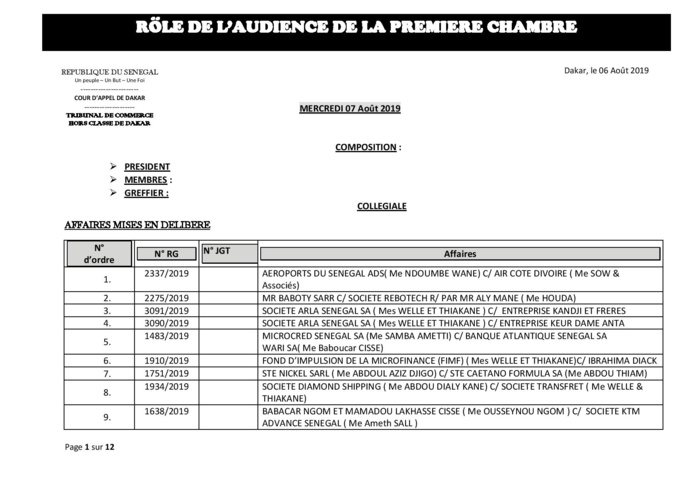 Tribunal du Commerce: Audiences de la Première Chambre de ce mercredi 7 août