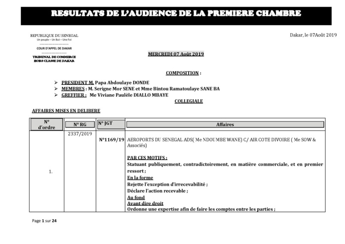 Tribunal du Commerce: Délibérés des Audiences du mercredi 7 août 2019