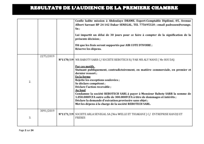 Tribunal du Commerce: Délibérés des Audiences du mercredi 7 août 2019