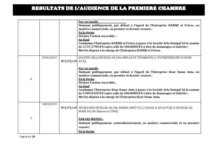 Tribunal du Commerce: Délibérés des Audiences du mercredi 7 août 2019