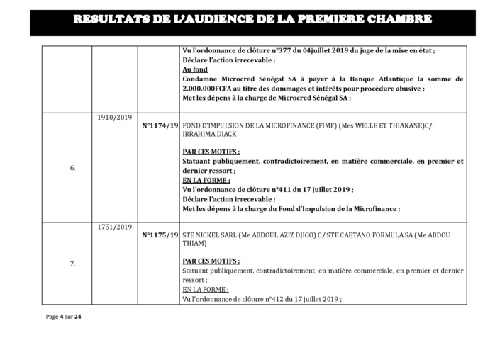 Tribunal du Commerce: Délibérés des Audiences du mercredi 7 août 2019