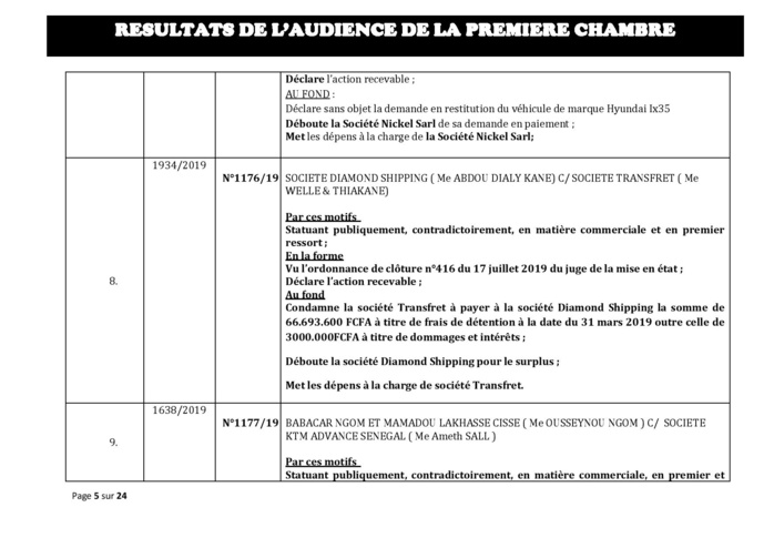 Tribunal du Commerce: Délibérés des Audiences du mercredi 7 août 2019