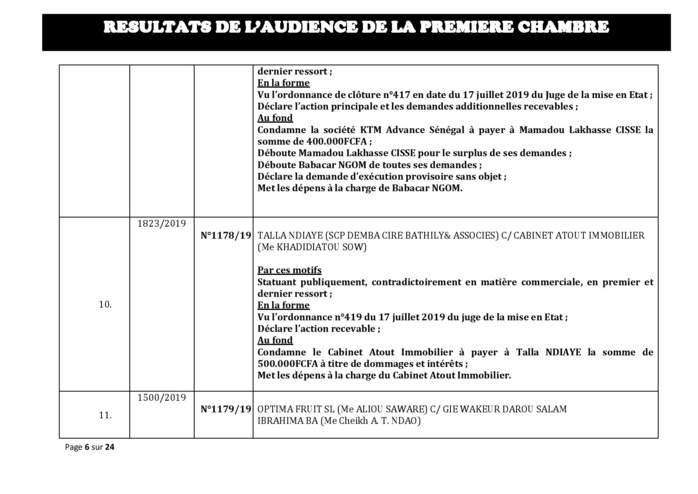 Tribunal du Commerce: Délibérés des Audiences du mercredi 7 août 2019