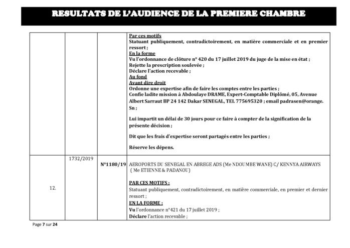 Tribunal du Commerce: Délibérés des Audiences du mercredi 7 août 2019