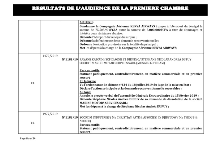 Tribunal du Commerce: Délibérés des Audiences du mercredi 7 août 2019