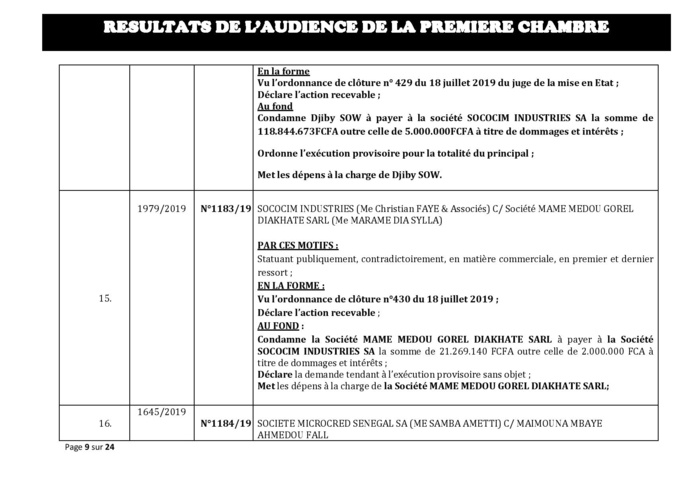 Tribunal du Commerce: Délibérés des Audiences du mercredi 7 août 2019