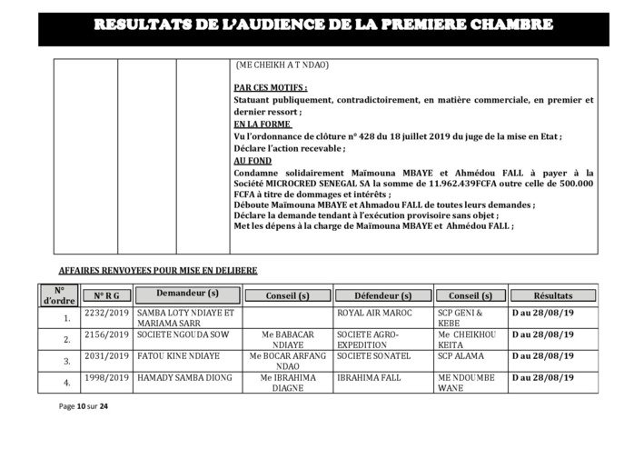 Tribunal du Commerce: Délibérés des Audiences du mercredi 7 août 2019