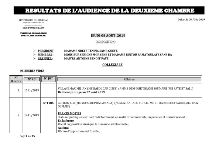 Tribunal du Commerce: Délibérés des Audiences du jeudi 8 août 2019