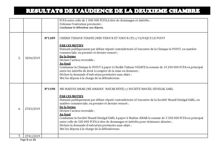 Tribunal du Commerce: Délibérés des Audiences du jeudi 8 août 2019