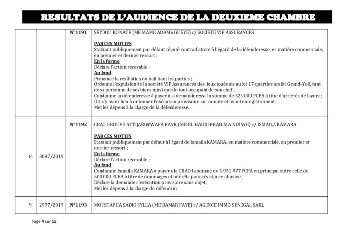 Tribunal du Commerce: Délibérés des Audiences du jeudi 8 août 2019