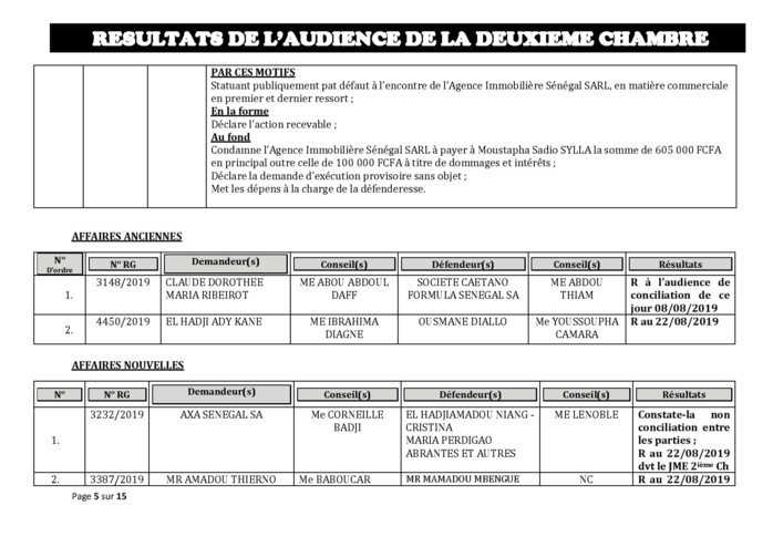 Tribunal du Commerce: Délibérés des Audiences du jeudi 8 août 2019