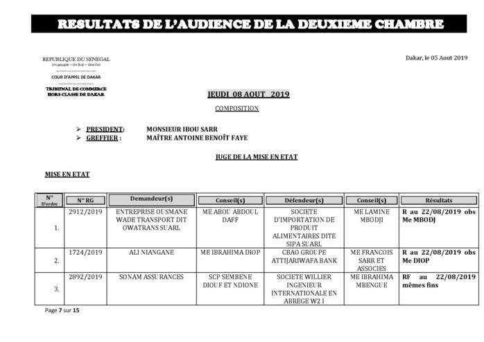 Tribunal du Commerce: Délibérés des Audiences du jeudi 8 août 2019