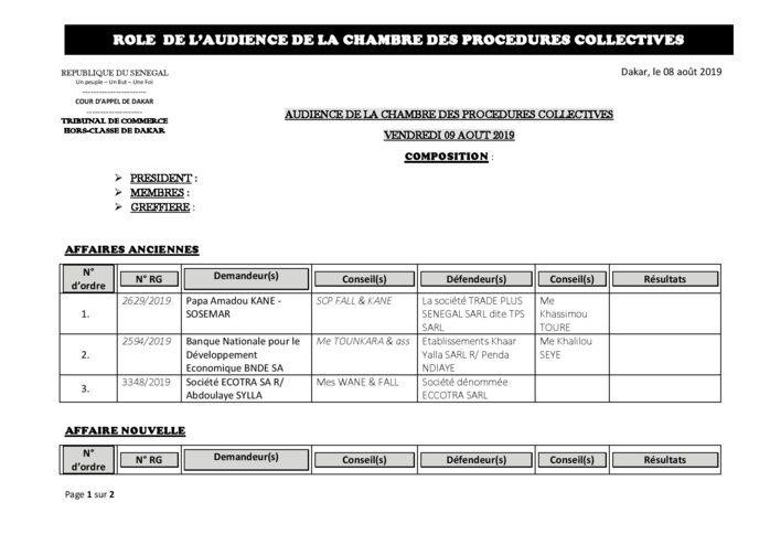 Tribunal du Commerce: Audiences de la Chambre des Procédures Collectives de ce vendredi 9 août