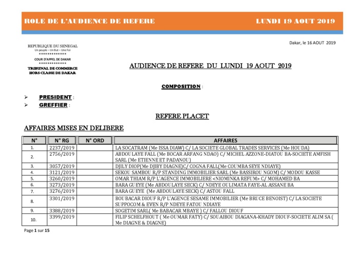 Tribunal du Commerce: Audiences des Référés de ce lundi 19 août 