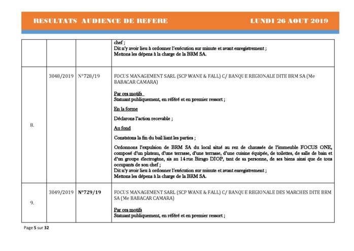 Tribunal du Commerce: Délibérés Audiences des Référés du lundi 26 août 2019