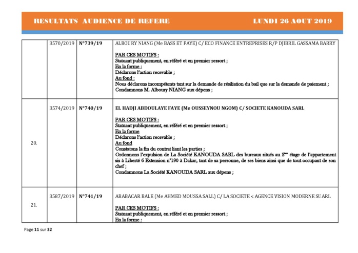 Tribunal du Commerce: Délibérés Audiences des Référés du lundi 26 août 2019