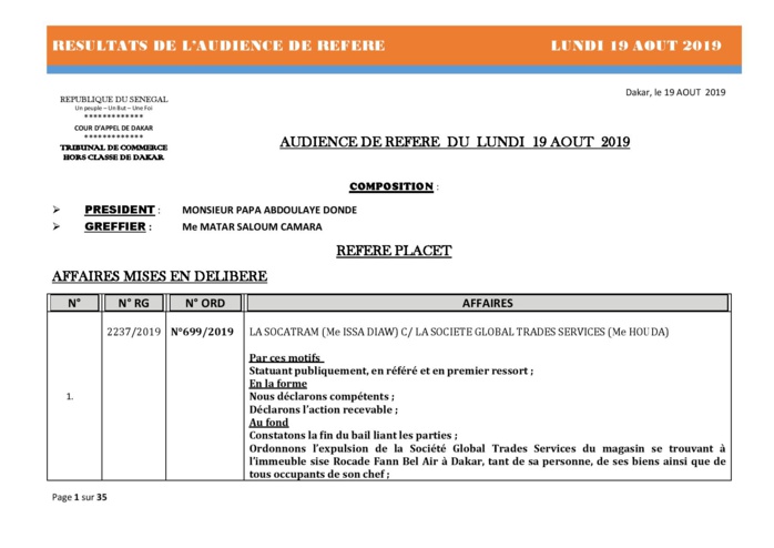 Tribunal du Commerce: Délibérés des Audiences du lundi 19 août 2019