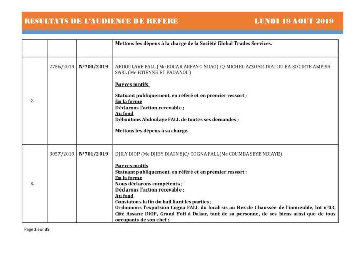 Tribunal du Commerce: Délibérés des Audiences du lundi 19 août 2019