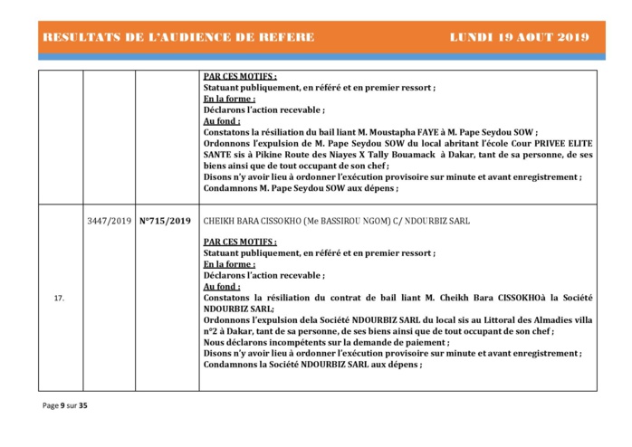 Tribunal du Commerce: Délibérés des Audiences du lundi 19 août 2019