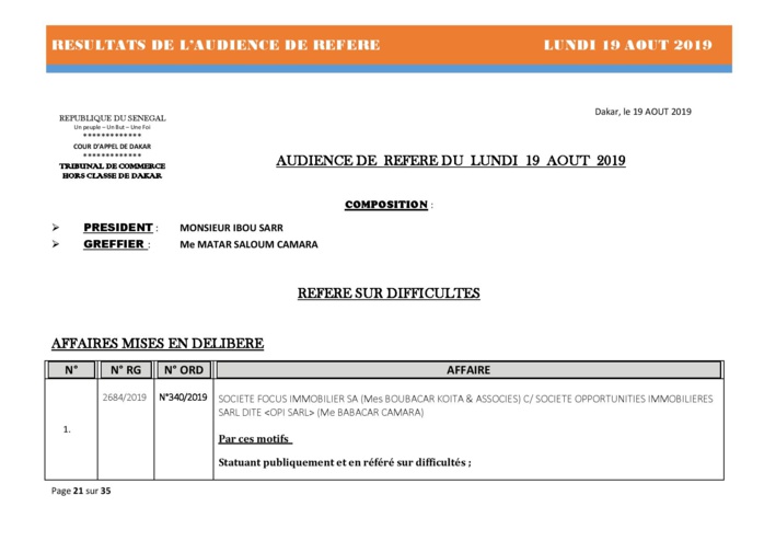 Tribunal du Commerce: Délibérés des Audiences du lundi 19 août 2019