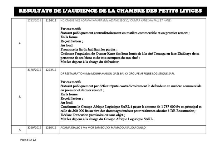 Tribunal du Commerce: Délibérés des Audiences du mardi 20 août 2019