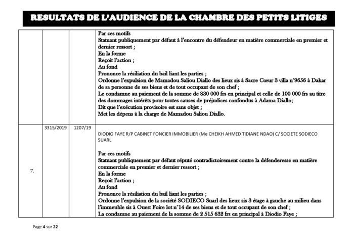 Tribunal du Commerce: Délibérés des Audiences du mardi 20 août 2019