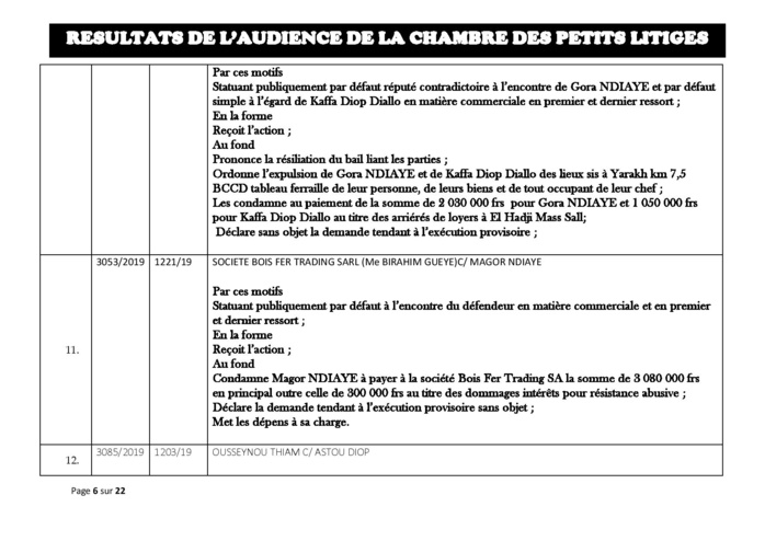 Tribunal du Commerce: Délibérés des Audiences du mardi 20 août 2019