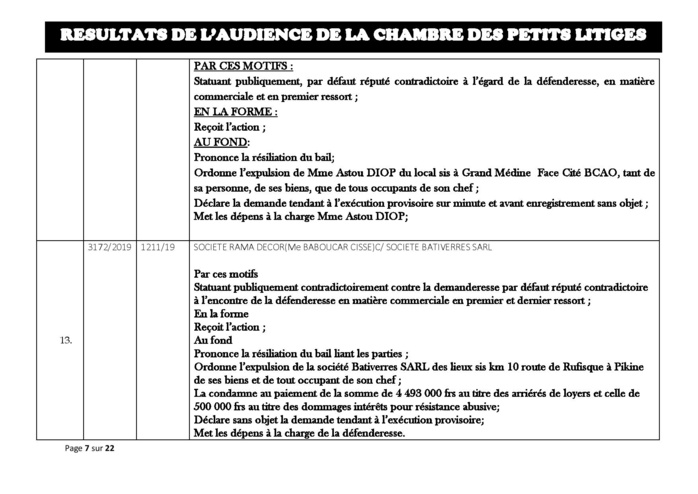 Tribunal du Commerce: Délibérés des Audiences du mardi 20 août 2019