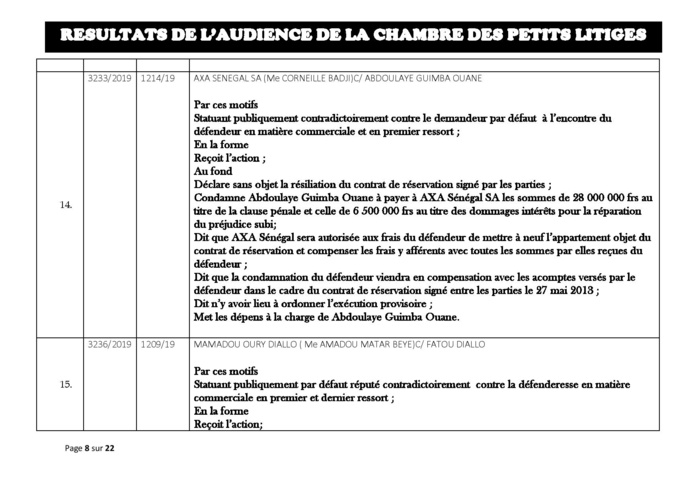 Tribunal du Commerce: Délibérés des Audiences du mardi 20 août 2019