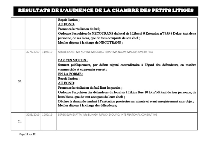 Tribunal du Commerce: Délibérés des Audiences du mardi 20 août 2019