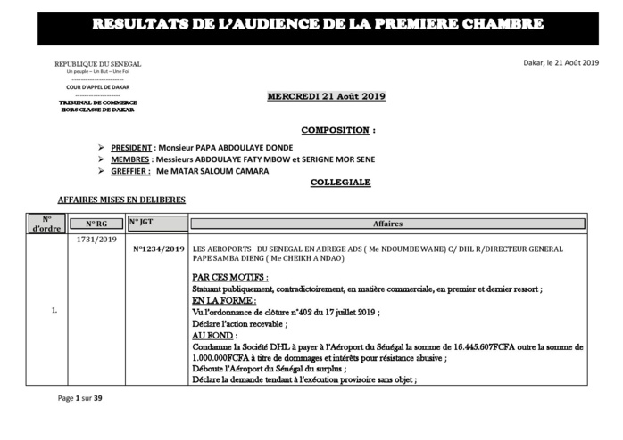 Tribunal du Commerce: Délibérés des Audiences du mercredi 21 août 2019