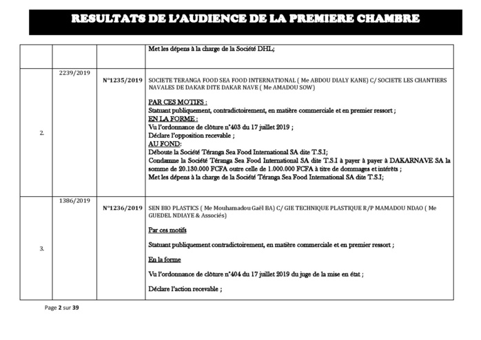 Tribunal du Commerce: Délibérés des Audiences du mercredi 21 août 2019