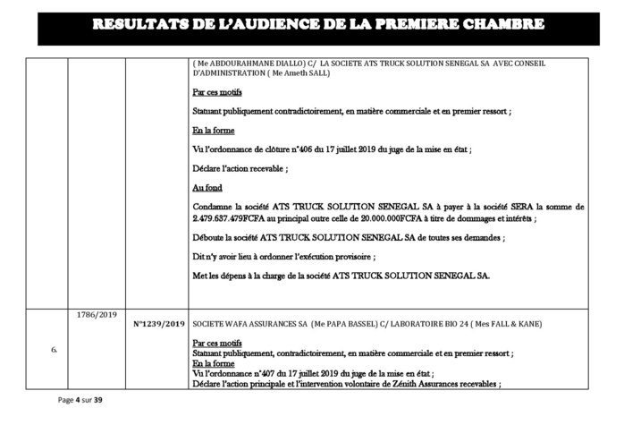 Tribunal du Commerce: Délibérés des Audiences du mercredi 21 août 2019