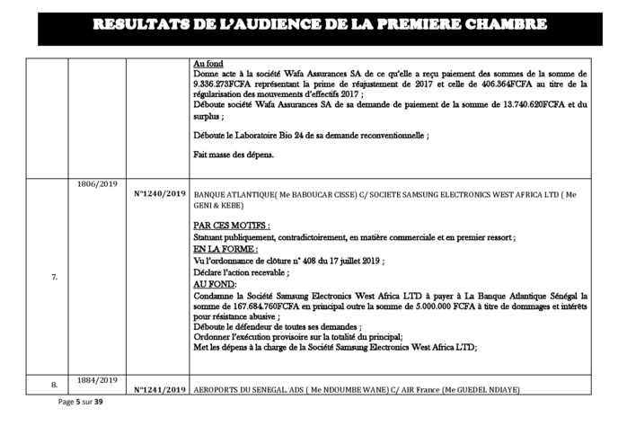 Tribunal du Commerce: Délibérés des Audiences du mercredi 21 août 2019