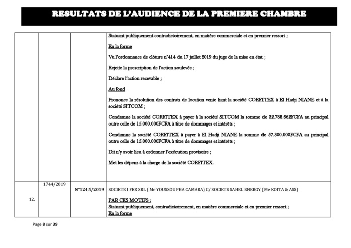 Tribunal du Commerce: Délibérés des Audiences du mercredi 21 août 2019