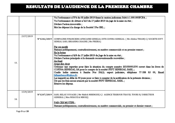 Tribunal du Commerce: Délibérés des Audiences du mercredi 21 août 2019